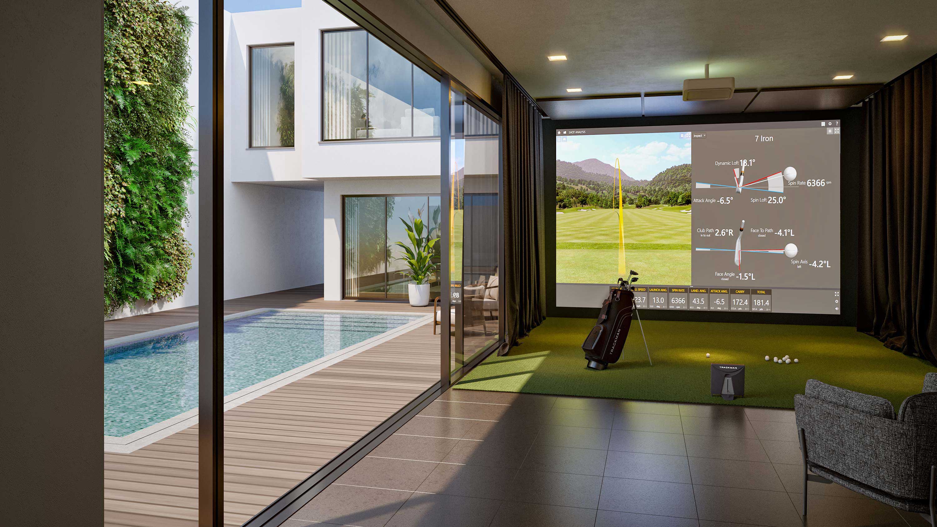 golf simulator, windows, pool, projection screen, golf