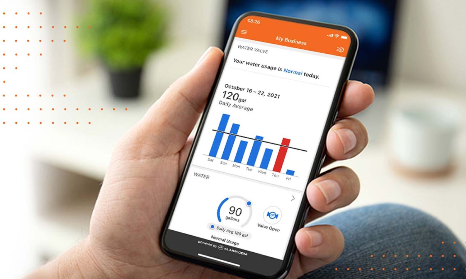 Alarm.com, Phone Interface, cup of coffee on wood table