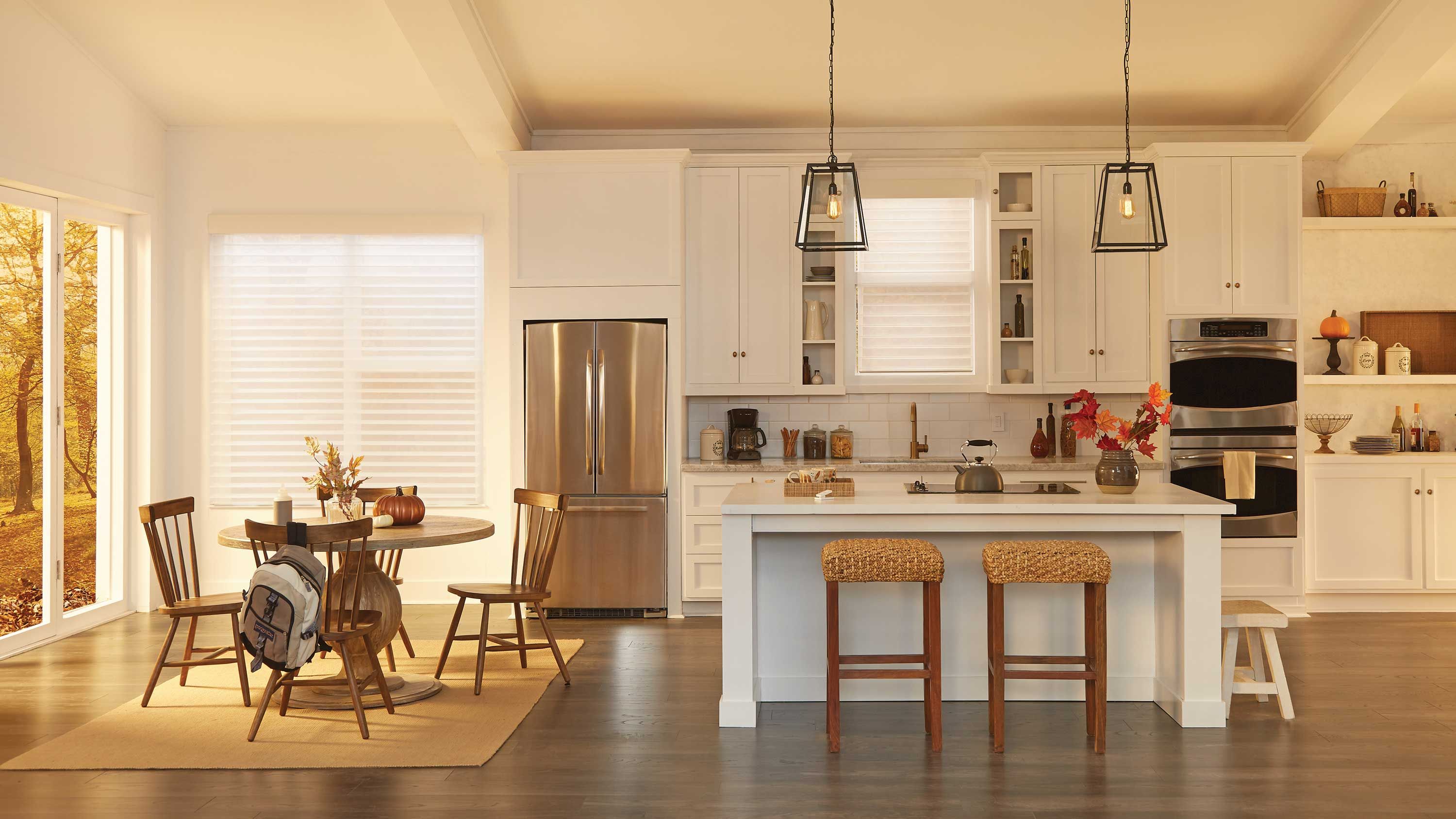 Kitchen, warm lighting, lighting, table, home automation